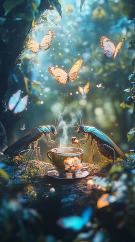 小强喝茶花间飞蝶