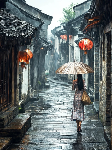 撑伞女子漫步于雨中古巷