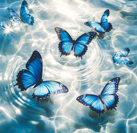 水中蓝蝴蝶倒影涟漪