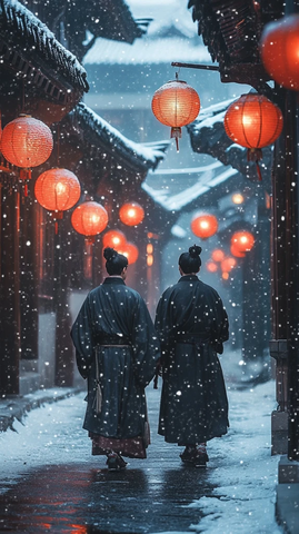 雪中古巷身穿古装两人同行的画面