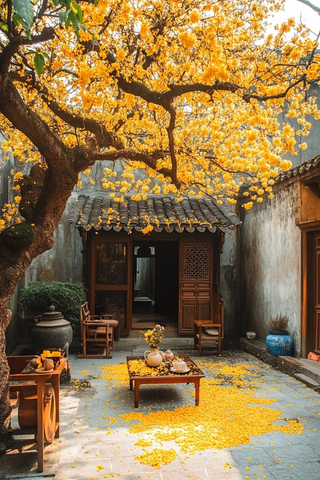 古宅庭院中赏黄花满树的悠闲景象