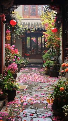 古色古香的庭院中铺满落花的石板小径
