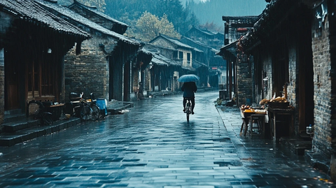 撑伞人骑行在雨中古朴小镇的石板路上