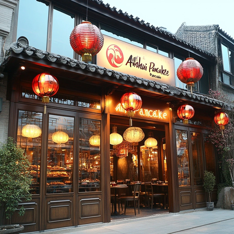 挂着红灯笼的安徽煎饼店外观