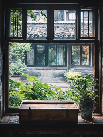 透过中式窗户看庭院绿植风景