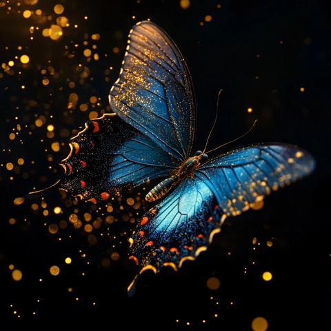 蓝色蝴蝶金色尾巴黑色背景