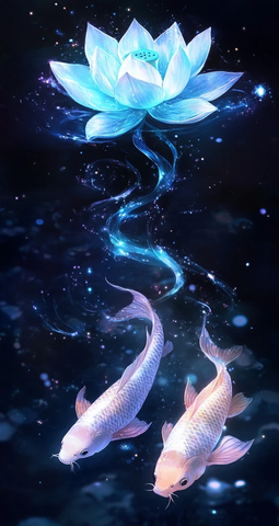 蓝色莲花与游动锦鲤