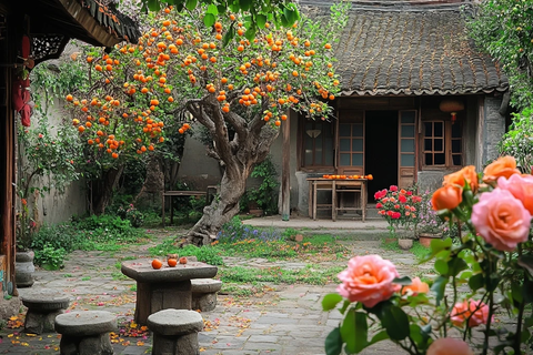 小院中有橘子树和鲜花的古朴住宅