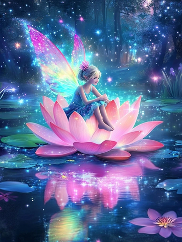 迪士尼仙子坐莲花湖上