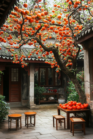 中式庭院柿子树硕果累累的景象