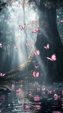 蝴蝶阳光水面古树