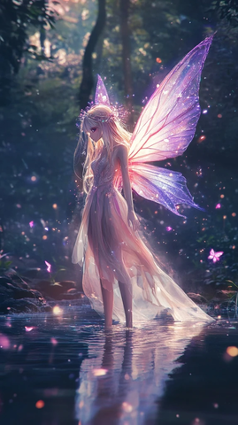 仙女翅膀发光站在水上