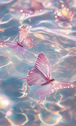 粉色蝴蝶水中游彩虹光影闪烁