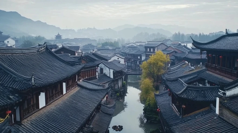 俯瞰古色古香的水乡古镇全景