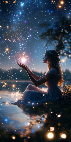 女子手持星辰投入湖中