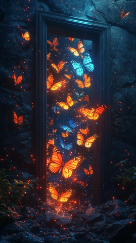 蝴蝶穿越石门光芒四射