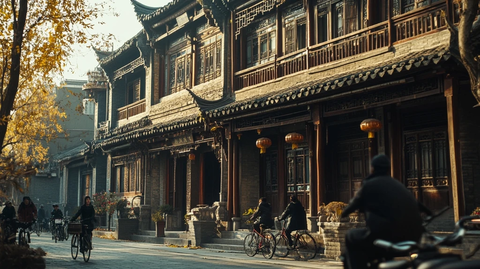 古色古香中式建筑街道骑行的人们