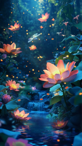 巨型花朵荧光萤火虫月光小溪