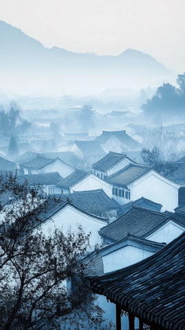 雾中村落全景徽派建筑的朦胧之美