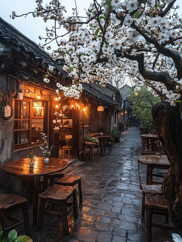 古街小巷亮灯处户外桌椅赏春花