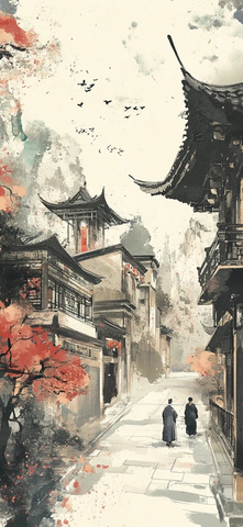 古街中式建筑中两人同行的景象