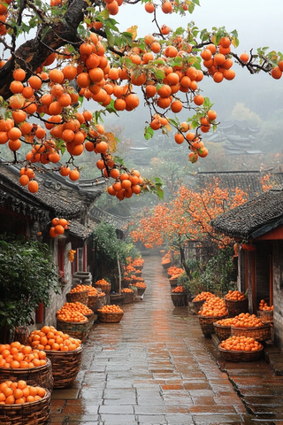 古村小道两旁摆满柿子的丰收景象