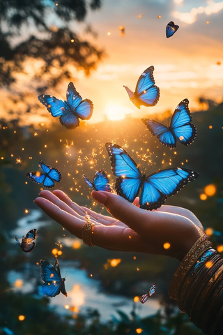 女人手放飞蓝蝴蝶