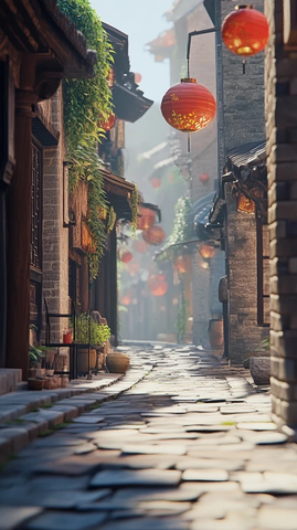 古巷灯笼高挂石板路尽显古朴韵味