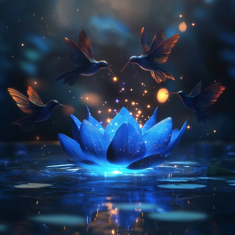 星辰蜂鸟环绕发光莲花