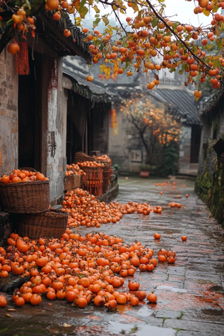 古村小巷满是柿子的丰收景象