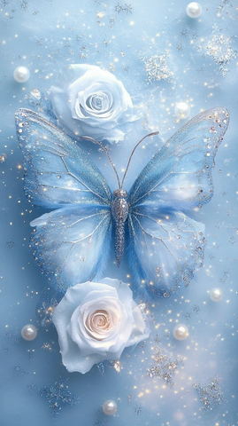 蓝色玫瑰蝴蝶镶嵌钻石羽毛