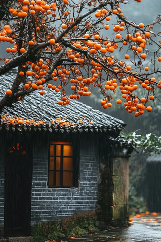 雨中灰砖房旁挂满果实的柿子树