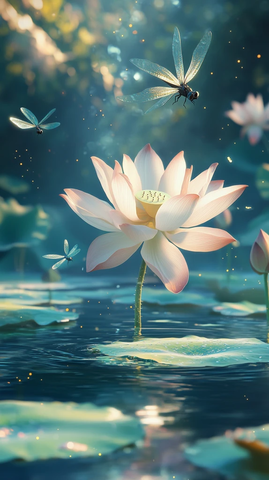 莲花盛开龙蜻嬉戏