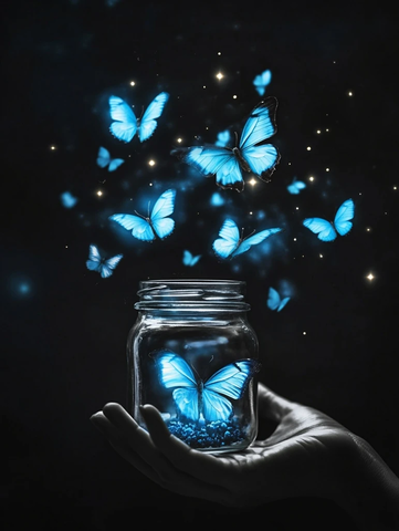 手捧蝴蝶玻璃罐夜空星光