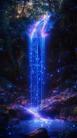 光丝瀑布照亮奇幻森林
