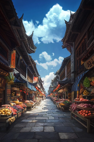 古色古香街道两侧摆满摊位的集市景象