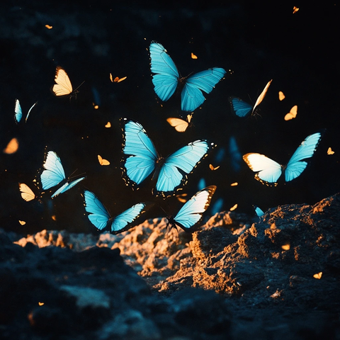青色蝴蝶飞越荒凉大地