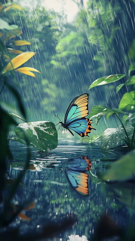 蝴蝶躲雨叶下波纹水洼