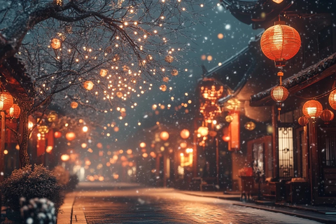 挂满灯笼的雪夜街道夜景
