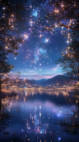 星空湖泊镜像水面倒影