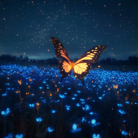 星空花丛中发光蝴蝶