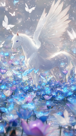 雪白翼马与蓝紫莲池