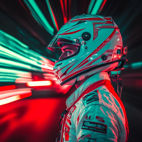 白色红色赛车手左视背影