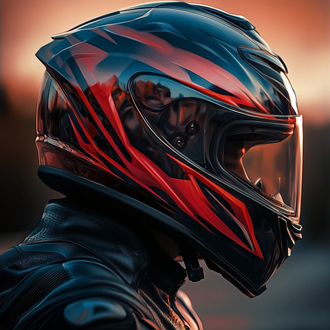 摩托车手佩戴头盔侧面近景