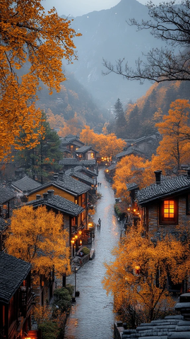 山间村落秋景黄叶屋舍间的静谧小路