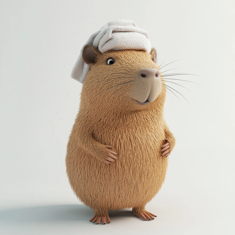 毛绒水豚戴毛巾卡通渲染