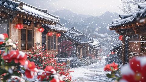 雪中古村落红灯白雪相映成趣的景象