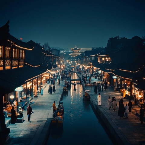 古色古香的夜晚水乡街道全景