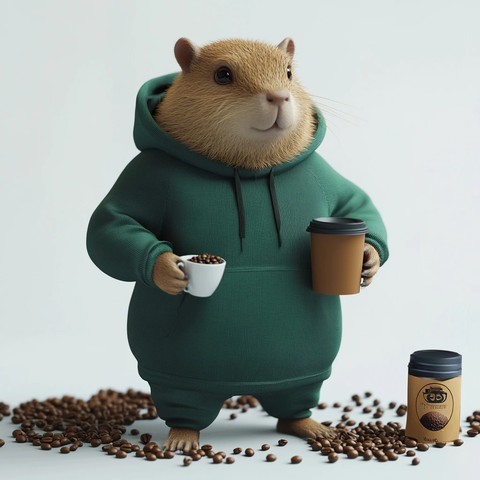 水豚穿绿色卫衣手拿咖啡