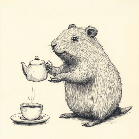 水豚持茶壶倒咖啡